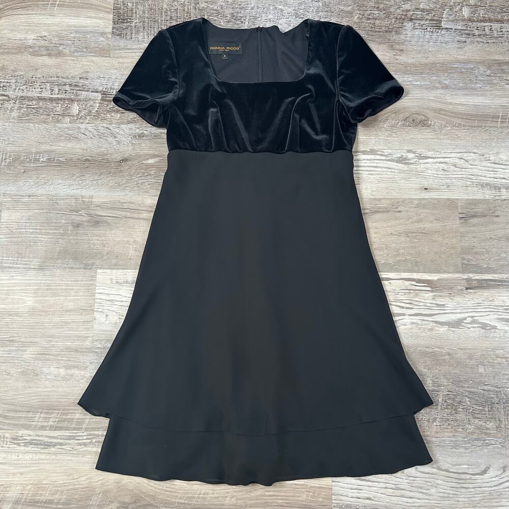 Vintage Donna Ricco Black Velvet Chiffon Midi Dress Made in USA Size 8